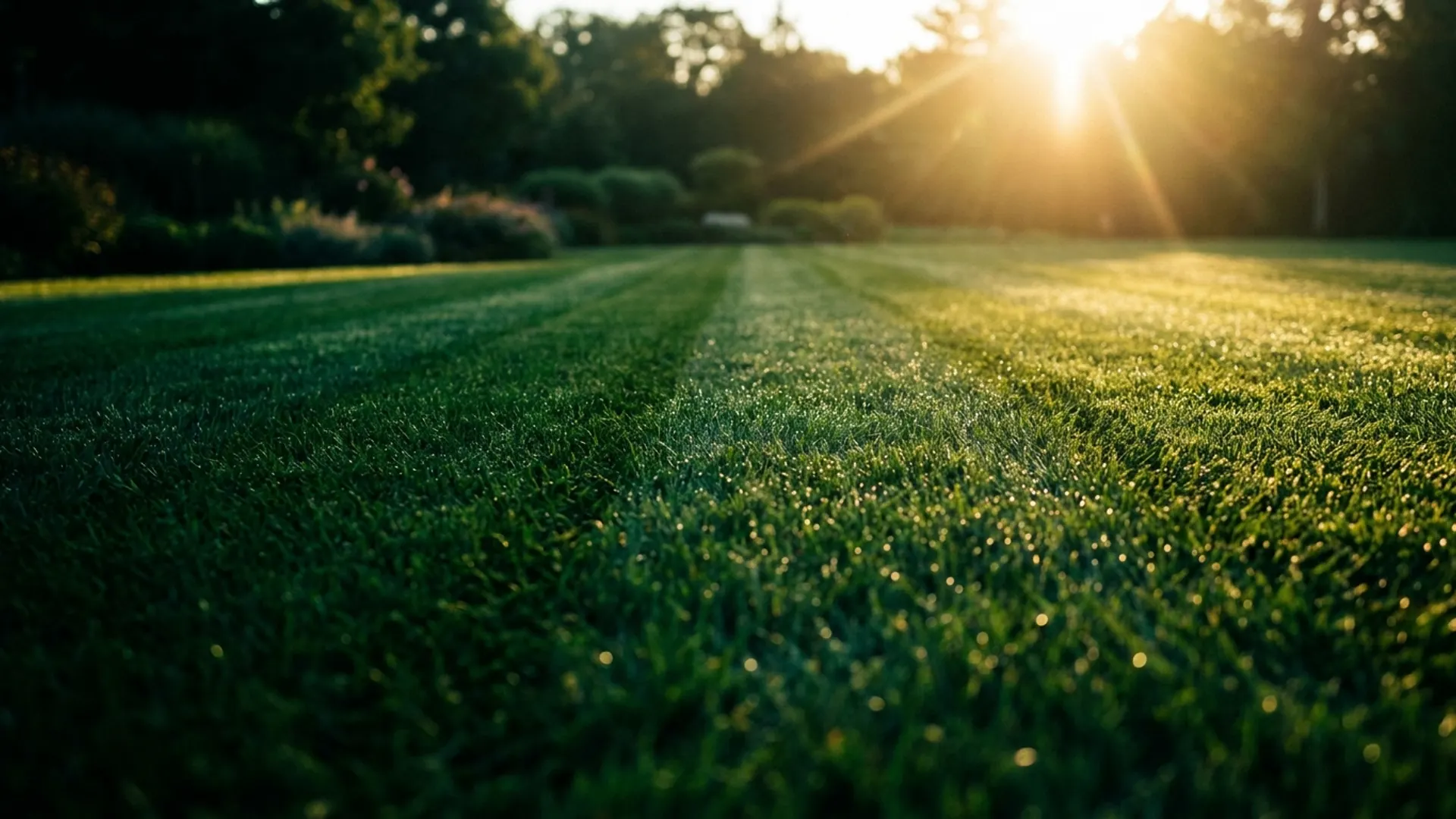 A freshly mowed, striped Rockford lawn at golden hour maintained by AB's Lawn Care